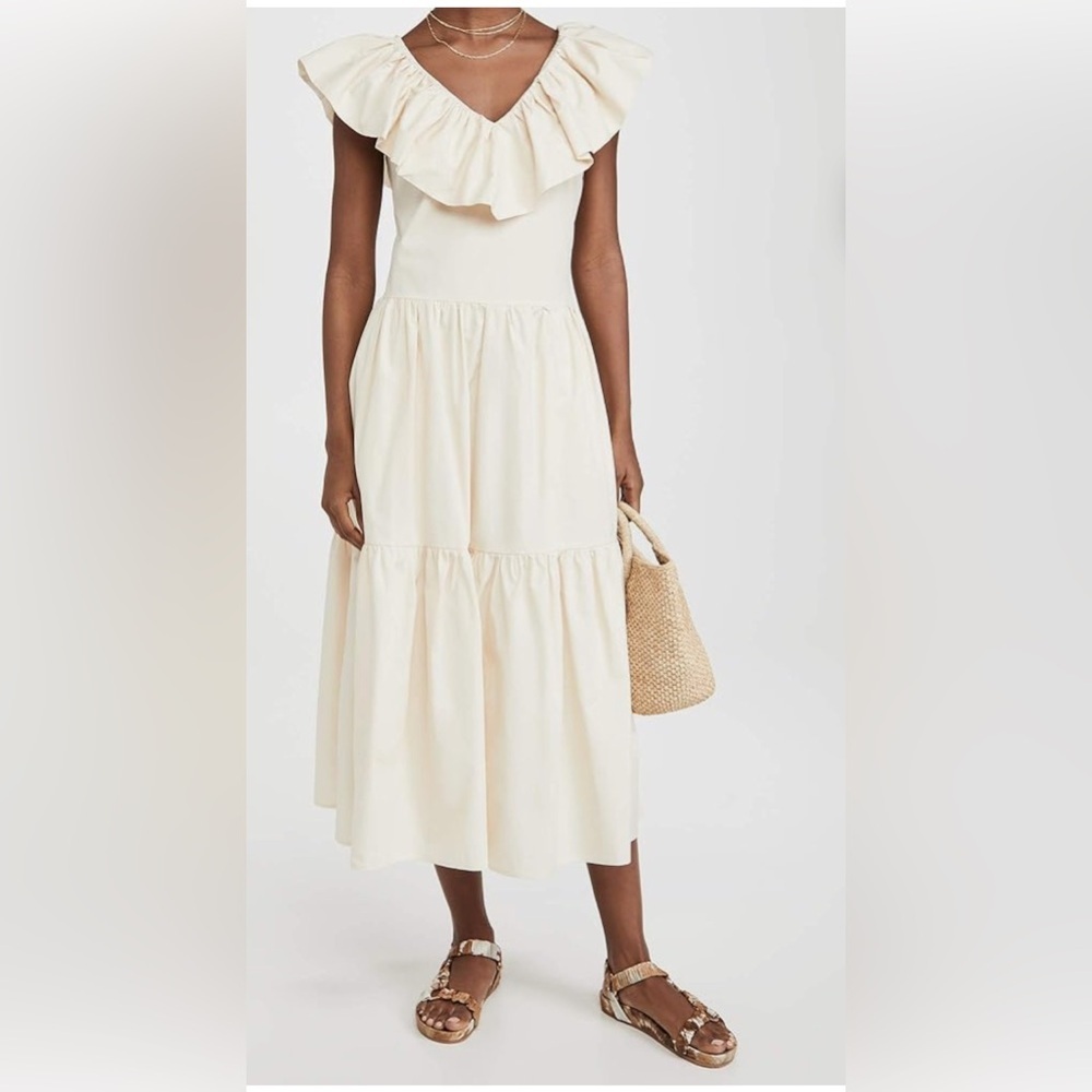 English Factory Ivory Ruffle Collar Tiered Midi Dress Pockets Side Zip NWT Small - Picture 2 of 9